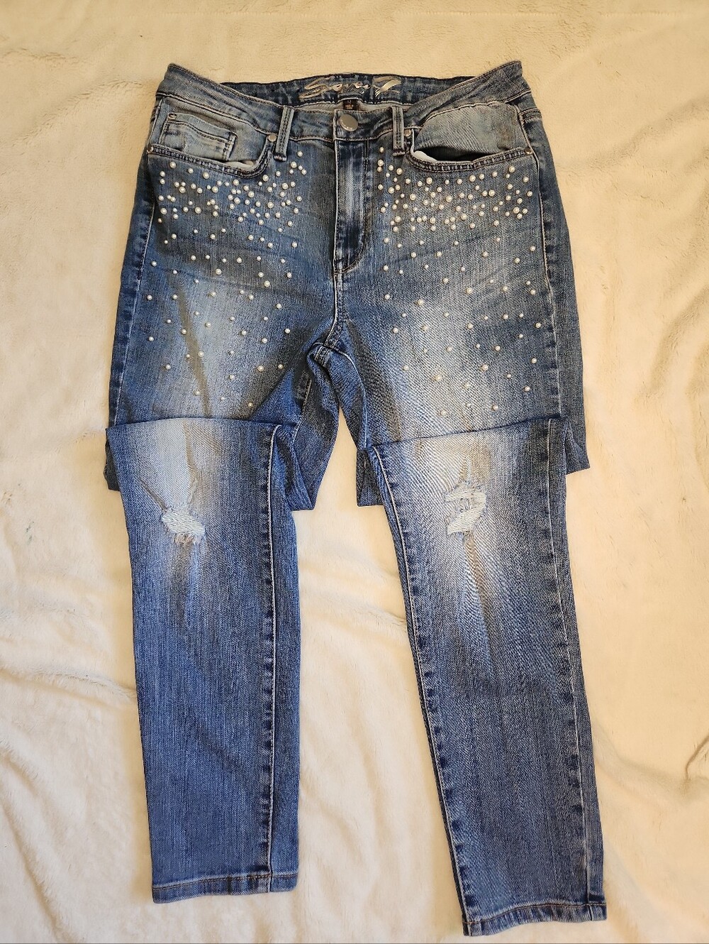 SEVEN7 Jeans Women’s Size 12 with Faux Pearls Fancy Mid Rise Skinny Distressed